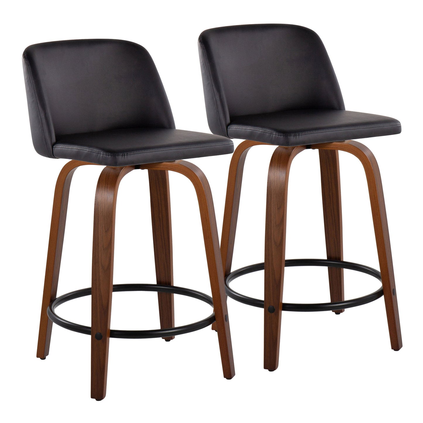 The Toriano set includes two mid-century modern counter stools with curved wooden legs, black cushioned seats and backs, fixed height, swivel feature, and round black metal footrests, shown on a white background.