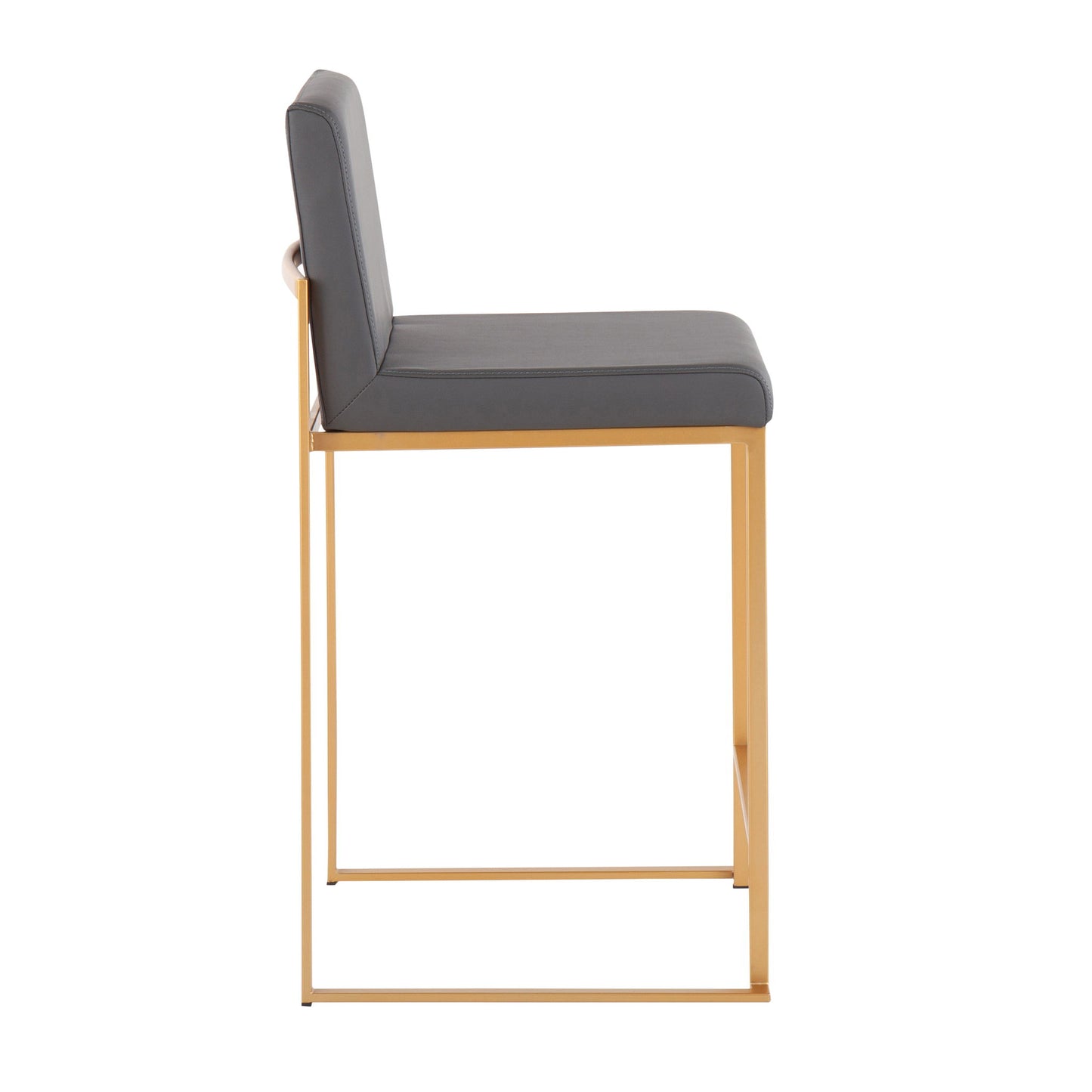 The Fuji - Contemporary High Back Stylish Counter Stool features a gold metal frame and cushioned gray seat and backrest, displayed from the side against a white background.