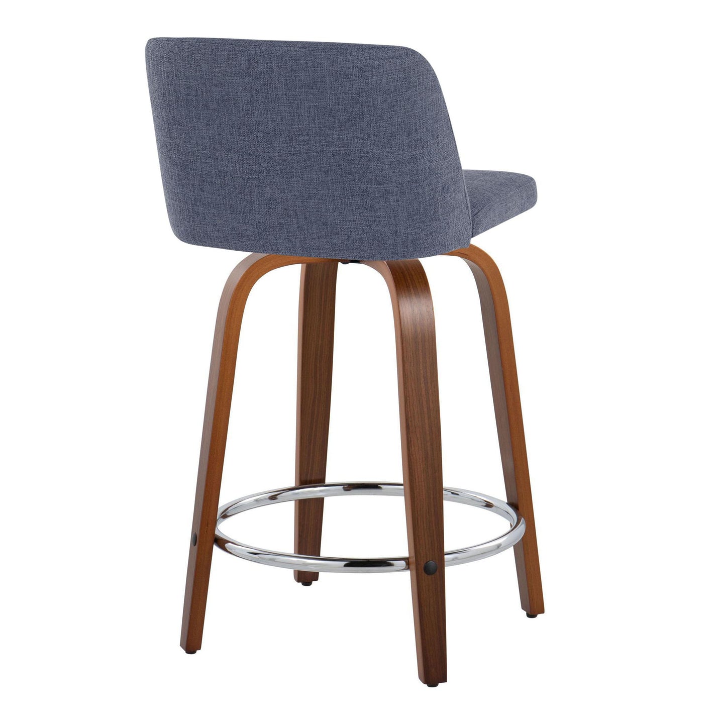 The Toriano Mid Century Modern Counter Stool has a blue fabric cushion and backrest, bent walnut-finished wooden legs, and a circular chrome footrest. The stool is slightly angled, displaying its side and partial back view.