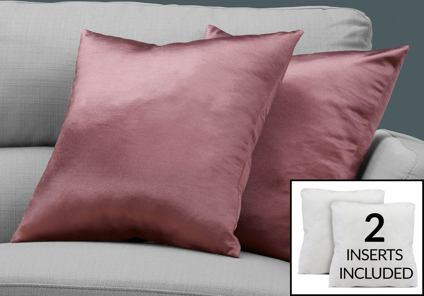 Two hypoallergenic mauve satin decorative throw pillows on a light gray sofa, featuring an inset image of two white inserts and the text "2 inserts included." Product: Square Modern Pillows, Insert Included.