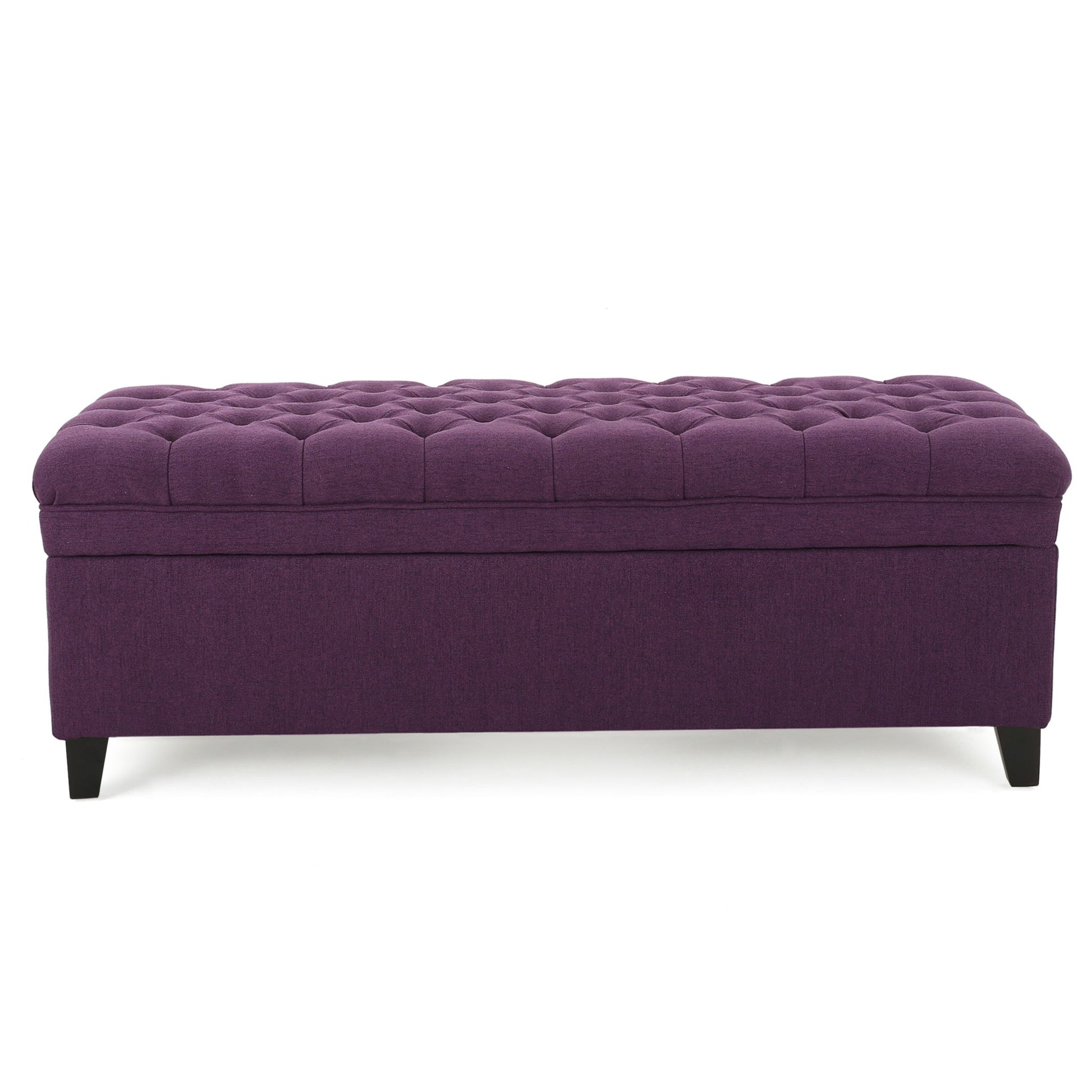 The Juliana Storage Ottoman features a rectangular tufted design in purple fabric, cushioned lid, and sturdy black birch legs.