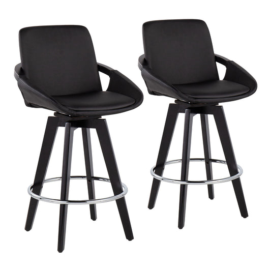Set of 2 Cosmo contemporary fixed height counter stools with swivel, upholstered seats, curved backrests, wooden legs, and round chrome footrests in black, displayed against a white background.