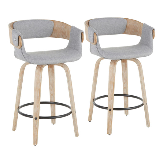 Set of 2 Elisa Farmhouse Counter Stools in white washed finish with gray upholstered seats and curved wooden backs. Each stool features light wood legs and a black circular footrest for added style and support.