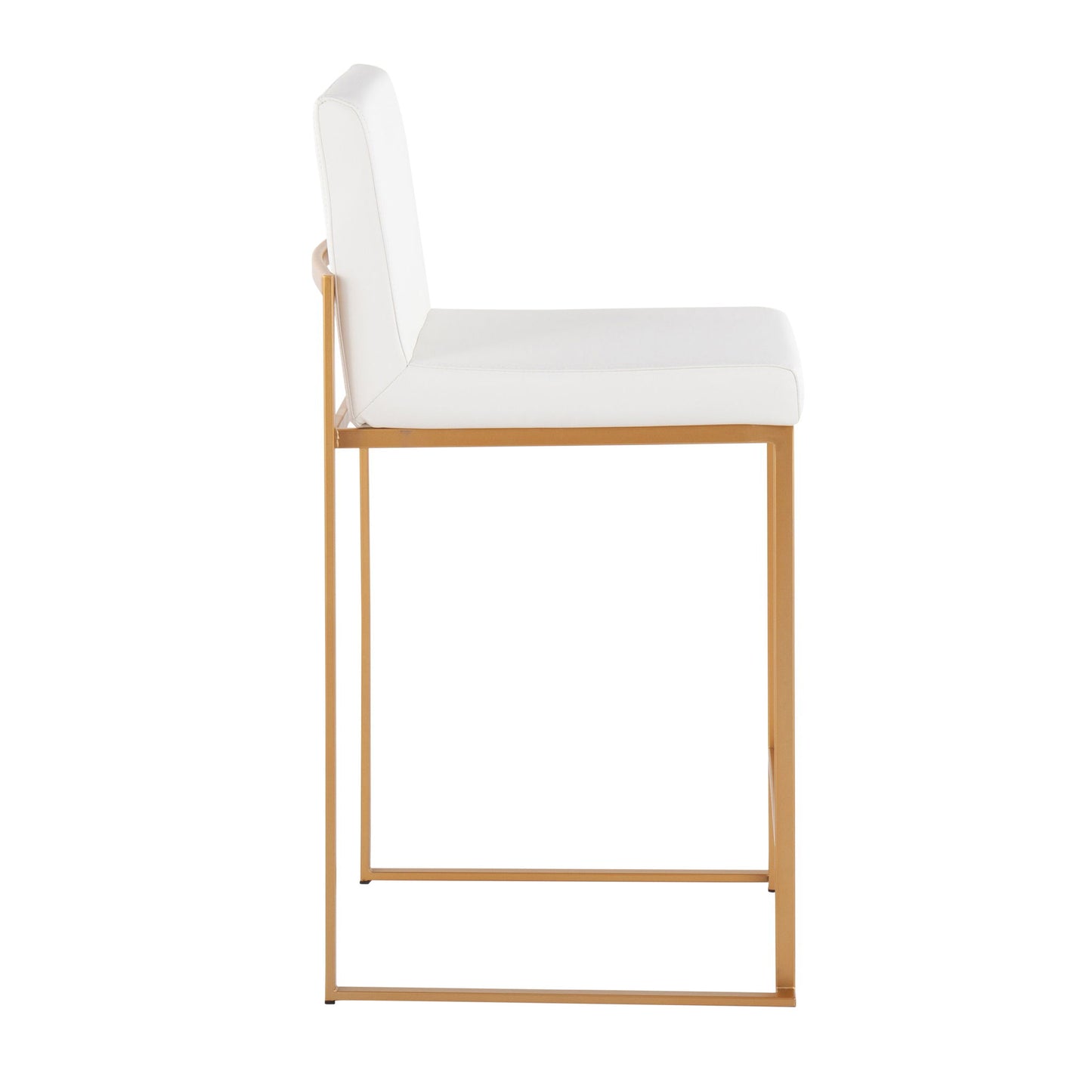 The Fuji - Contemporary High Back Stylish Counter Stool features a white cushioned seat and backrest on a sleek gold metal frame, shown from the side against a white background.
