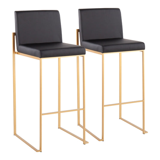 The Fuji Contemporary Design High Back Barstool (Set of 2) features black cushioned seats and backs, sleek gold metal frames with footrests, offering a minimalist and modern style.