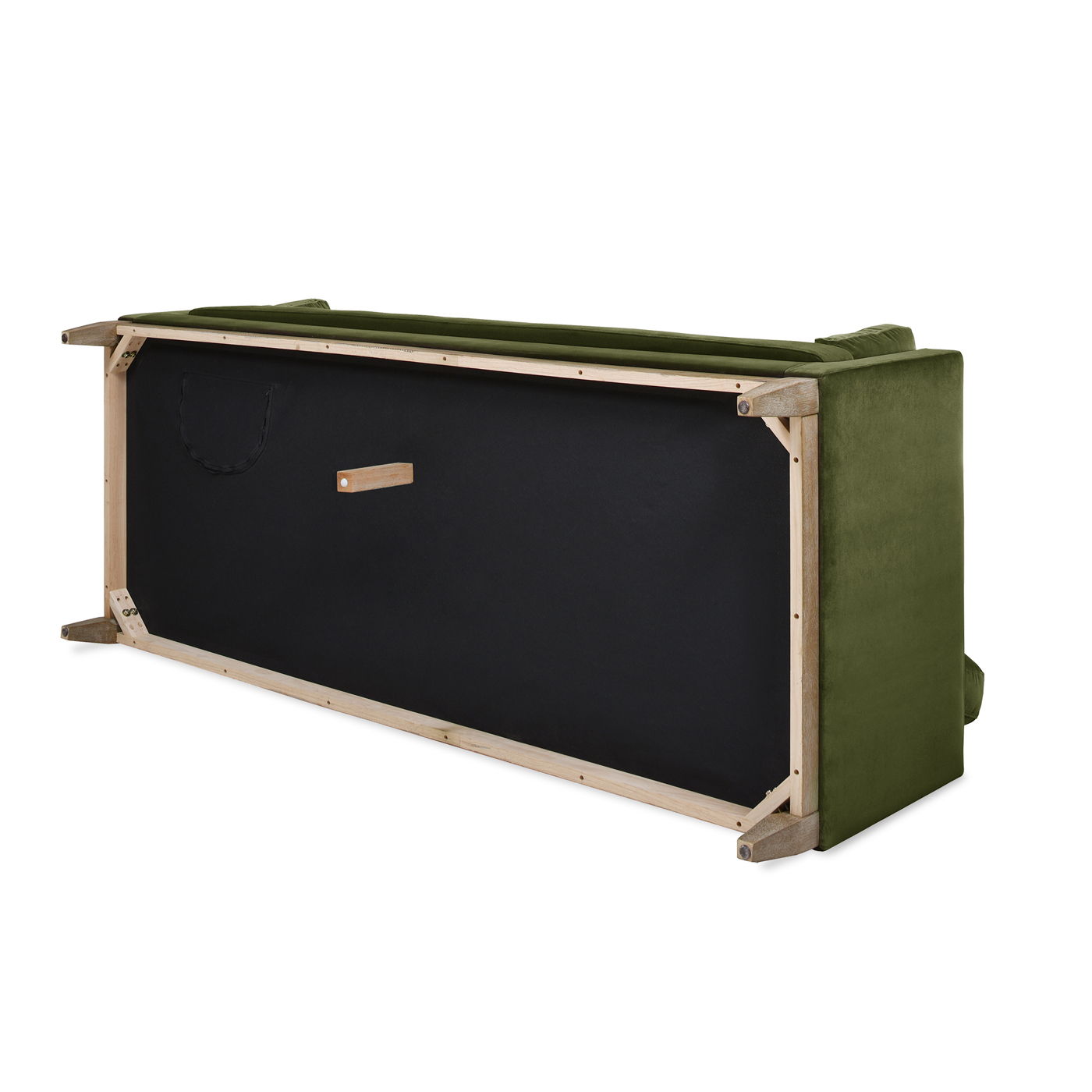 The Knox - Modern Farmhouse Sofa is shown on its back, revealing a green upholstered exterior, wooden frame, black fabric underside, and exposed legs.