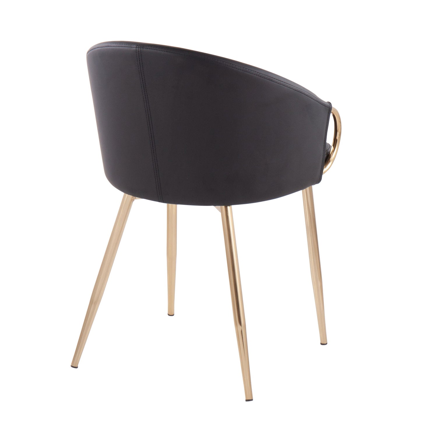The Claire - Contemporary Glam Chair features a curved black upholstered backrest and seat, four slender gold metal legs, and a gold ring handle on the back for a stylish modern look.