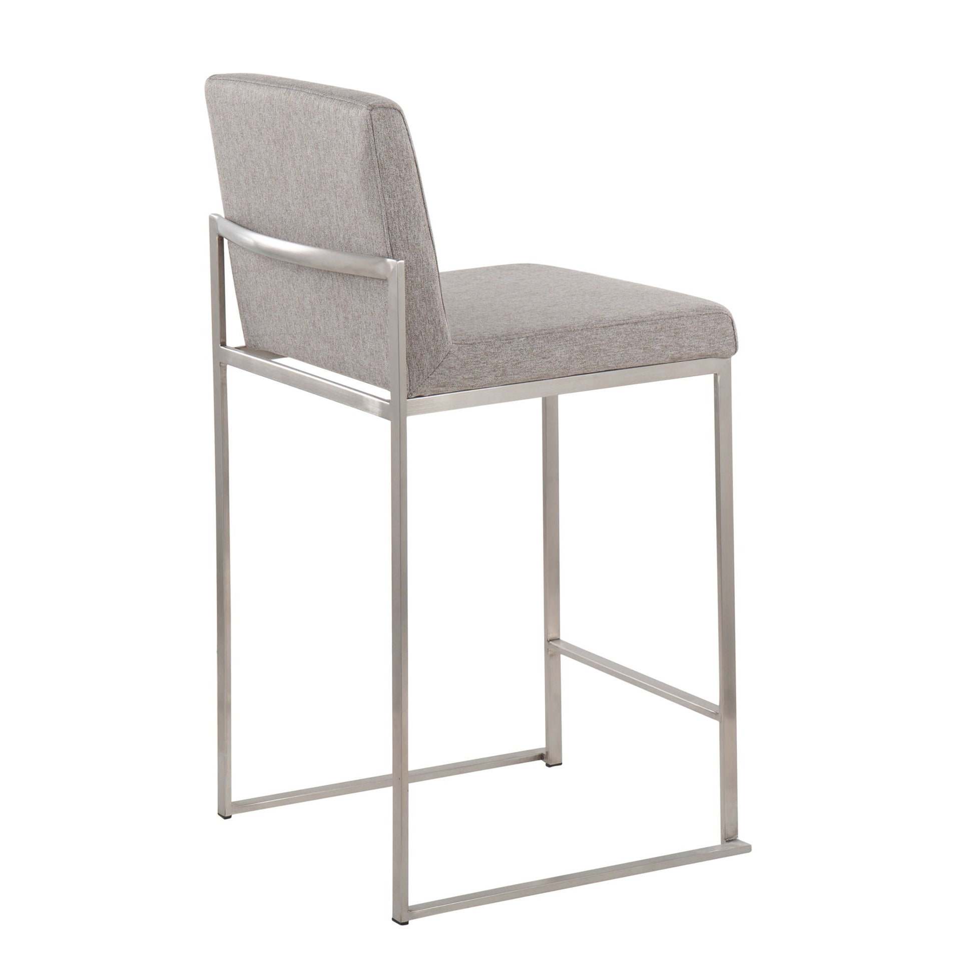 The Fuji Contemporary High Back Counter Stool features a light gray cushioned seat and backrest, a minimalist silver metal frame, low back, open sides, and functional design for modern interiors.