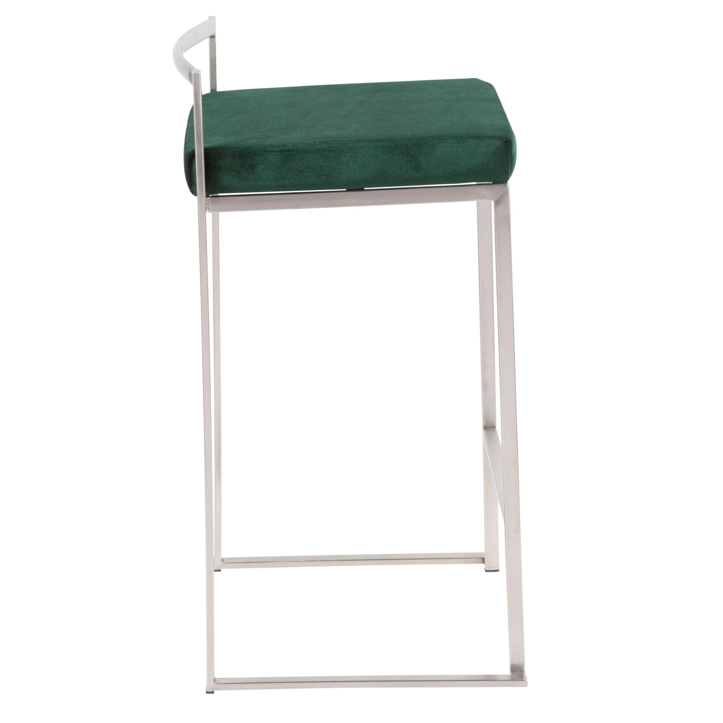 Side view of the Fuji Contemporary Elegant Stackable Counter Stool, featuring a green cushioned seat, sleek silver metal frame, low backrest, and minimalist design perfect for modern interiors.