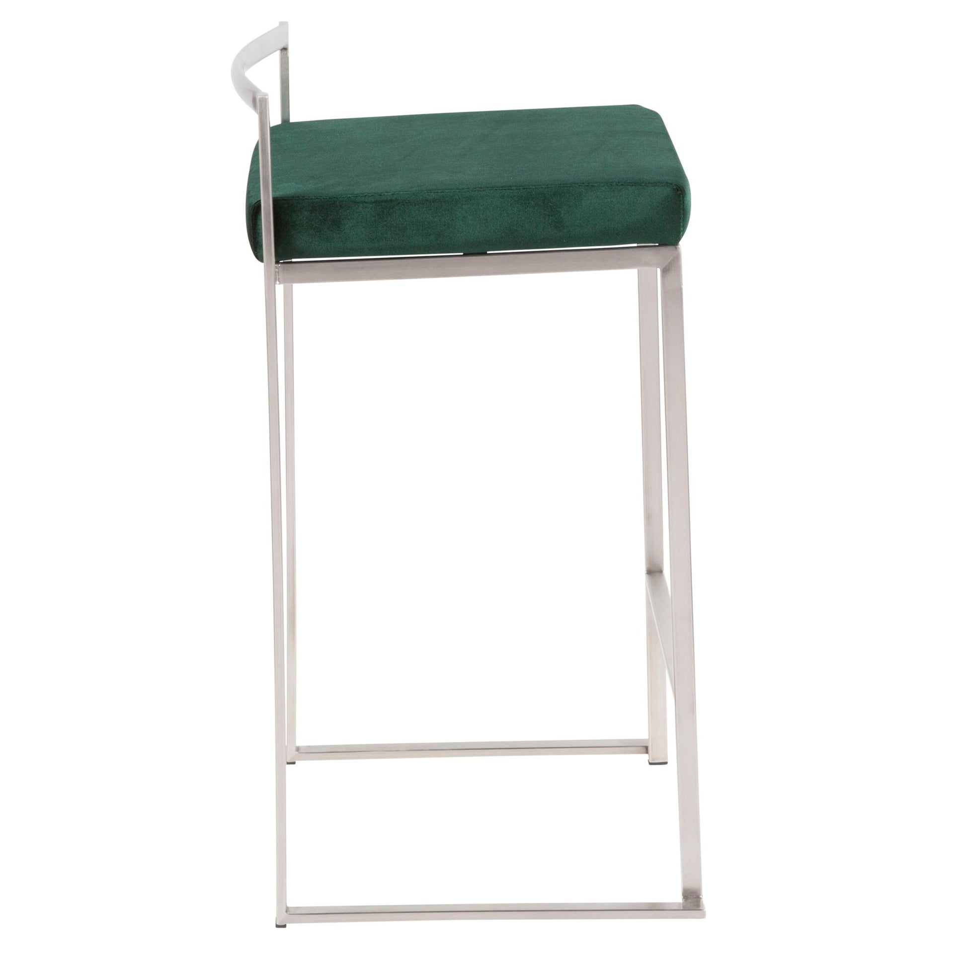 Side view of the Fuji Contemporary Elegant Stackable Counter Stool, featuring a green cushioned seat, sleek silver metal frame, low backrest, and minimalist design perfect for modern interiors.