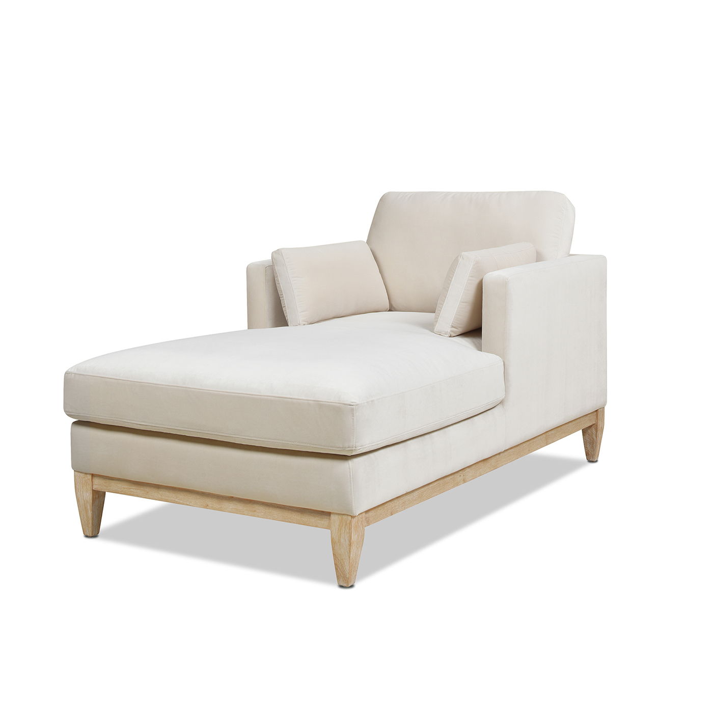 The Knox - Modern Farmhouse Chaise Lounge Chair features a cream color, wooden legs, angled armrest, and two matching rectangular cushions, shown against a plain white background.
