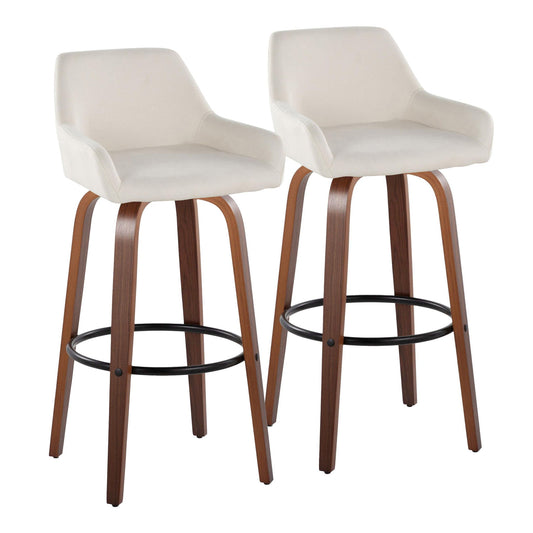 The Daniella set includes two contemporary barstools with light beige cushioned seats, curved backrests, wooden legs, and black round footrests for support. Fixed height and swivel features add comfort and style.
