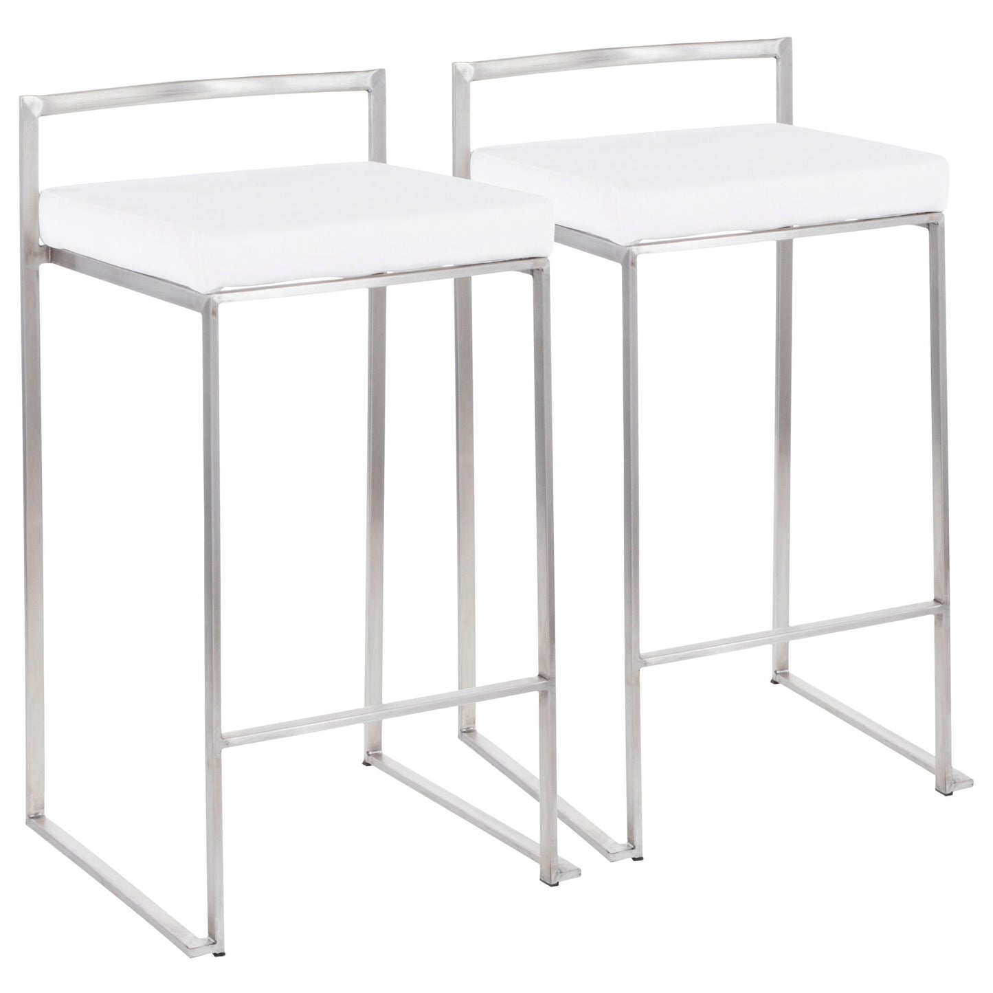 The Fuji Contemporary Elegant Stackable Counter Stool Set includes two modern stools with square white cushioned seats, sleek silver metal frames, low horizontal backrests, and open leg supports with footrests.