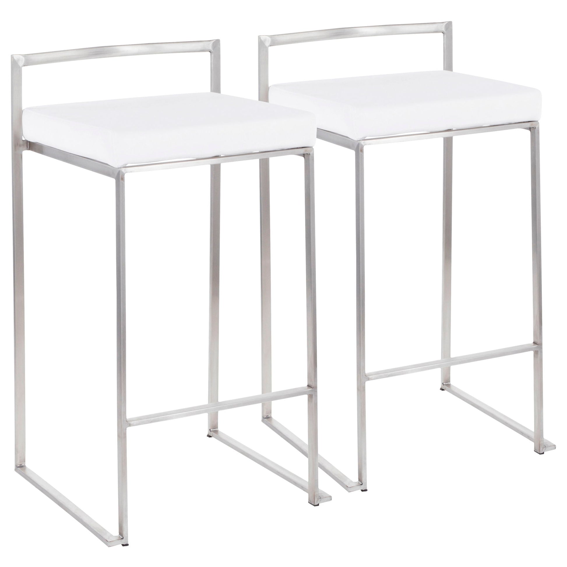 The Fuji Contemporary Elegant Stackable Counter Stool Set includes two modern stools with square white cushioned seats, sleek silver metal frames, low horizontal backrests, and open leg supports with footrests.