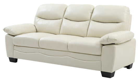 The Marta Sofa is a three-seater in cream leather, featuring plush cushions, wide padded armrests, and short dark wooden legs.