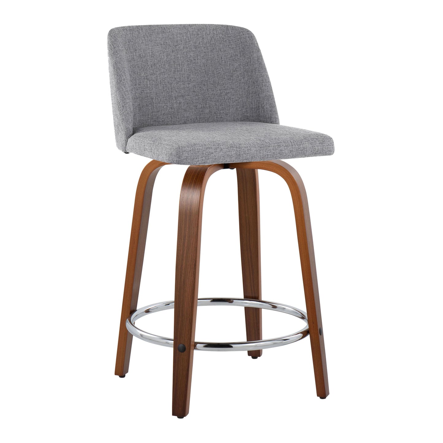 A gray Toriano Mid Century Modern counter stool with a curved backrest, wooden tapered legs, and a round chrome footrest. (Set of 2).