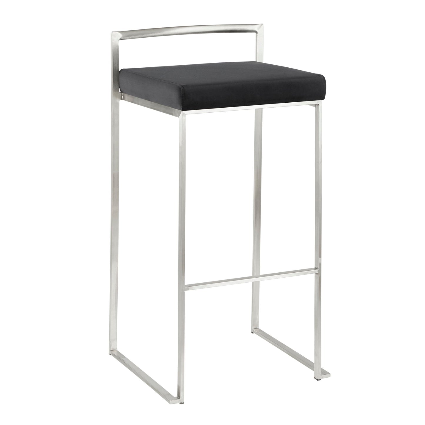 The Fuji barstool showcases a contemporary, elegant design with a square black cushioned seat, sleek silver metal frame, low backrest, footrest bar, and is stackable for convenience.