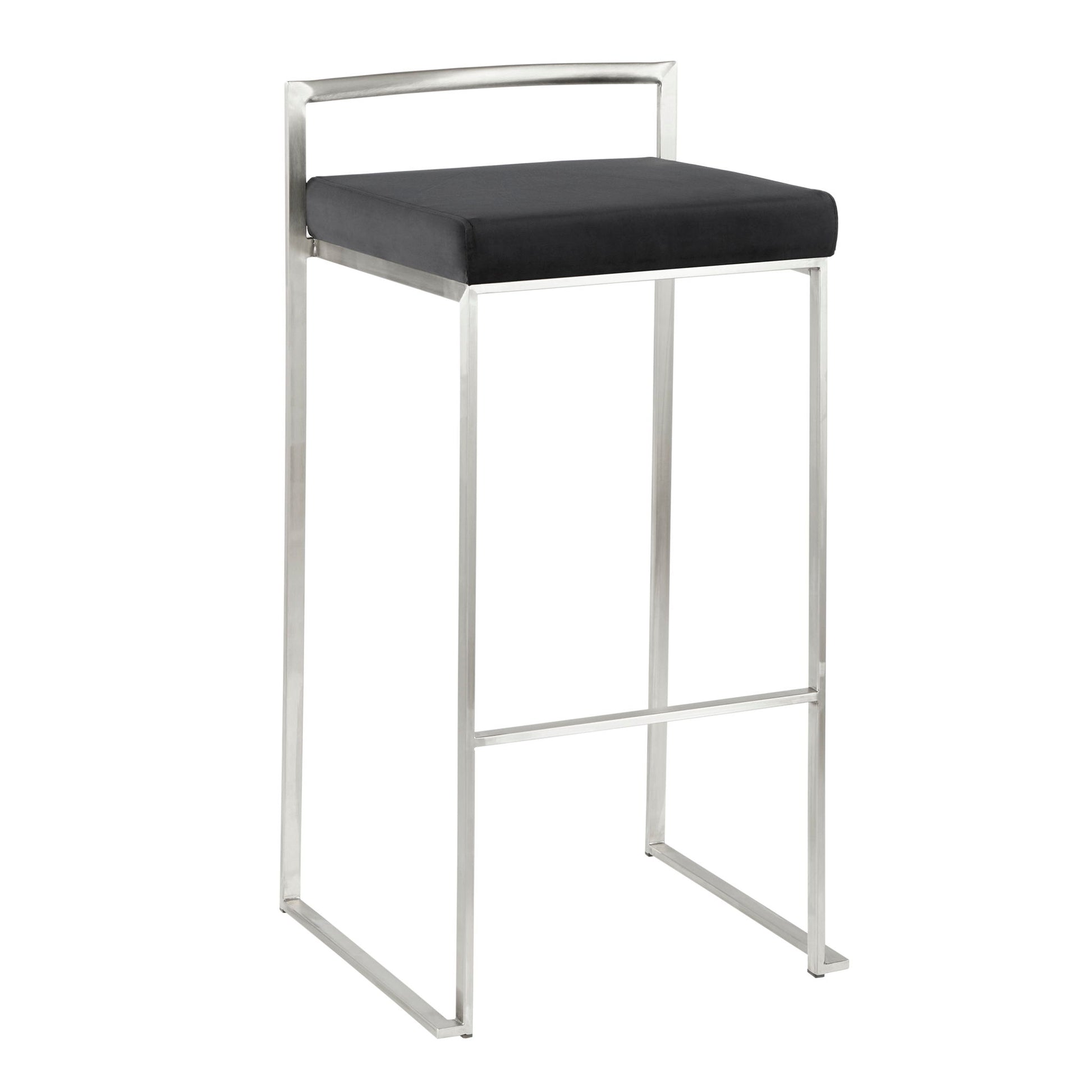 The Fuji barstool showcases a contemporary, elegant design with a square black cushioned seat, sleek silver metal frame, low backrest, footrest bar, and is stackable for convenience.
