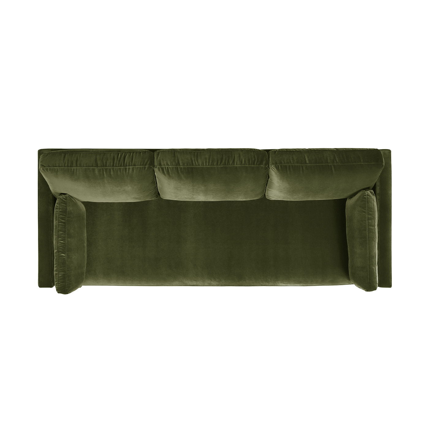 Top view of the Knox - Modern Farmhouse Sofa in green velvet with three back cushions and two armrests, set against a white background.