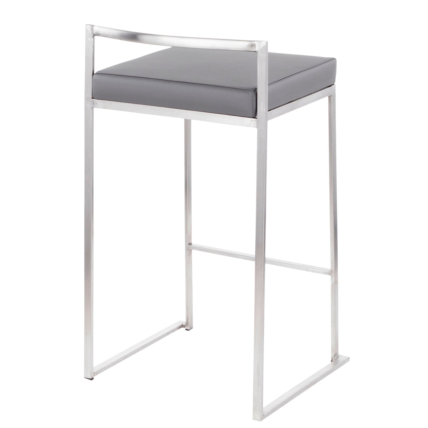 The Fuji Contemporary Elegant Stackable Counter Stool Set features a sleek silver metal frame and a rectangular gray cushioned seat with a minimalist, backless design and no armrests.