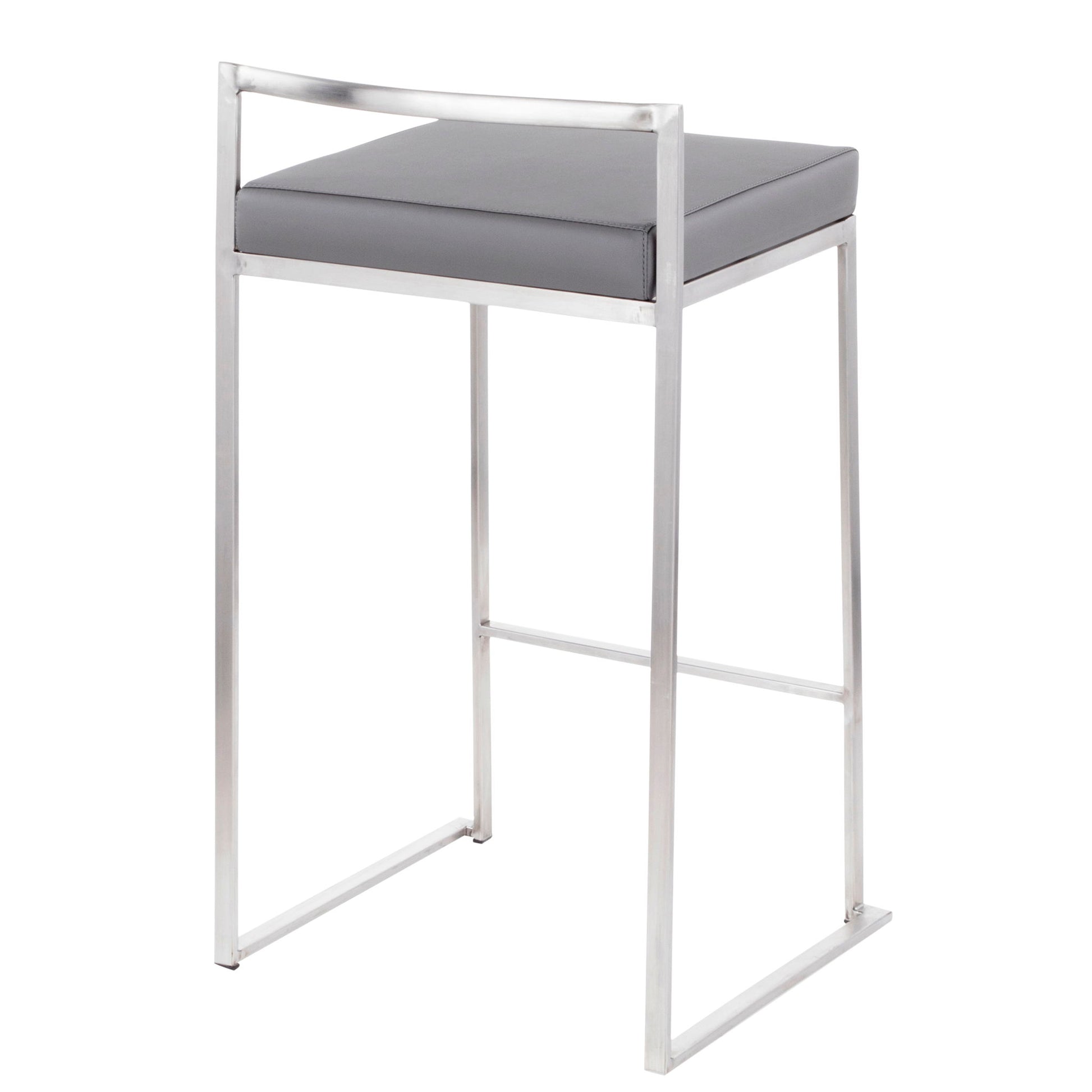 The Fuji Contemporary Elegant Stackable Counter Stool Set features a sleek silver metal frame and a rectangular gray cushioned seat with a minimalist, backless design and no armrests.