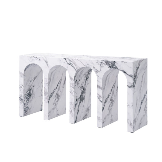 The Fritzy Engineered Stone Table features a rectangular top with a white marble finish and four arch-shaped legs for a modern look.