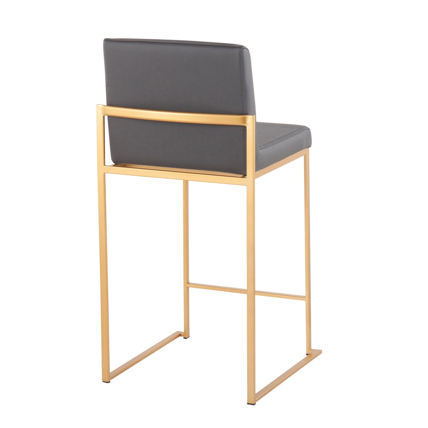 The Fuji Contemporary High Back Stylish Counter Stool features a gold metal frame and a dark gray cushioned seat and backrest, shown from the back at an angle on a white background.