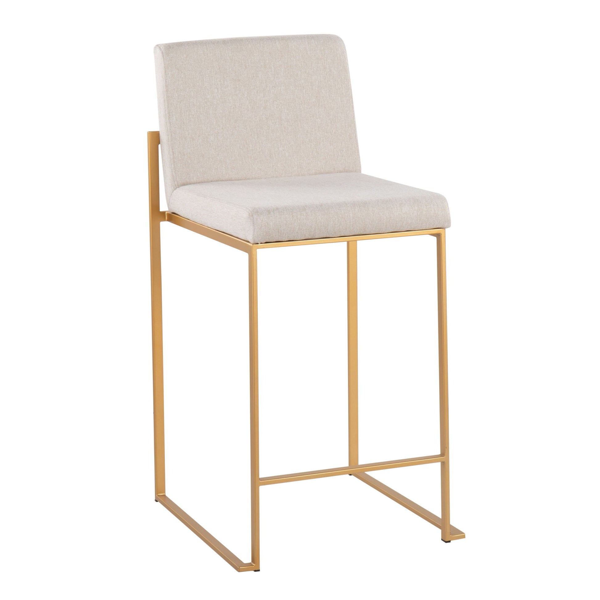 The Fuji - Contemporary High Back Stylish Counter Stool features a beige upholstered seat and backrest with a minimalist gold metal frame and integrated footrest.