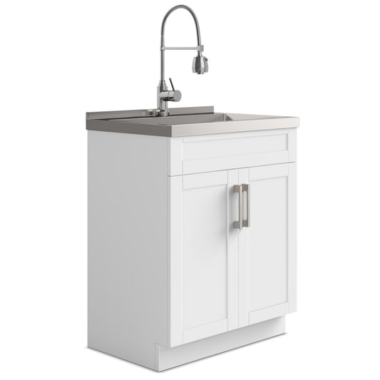 The Hennessy Deluxe Laundry Cabinet features double doors, a deep square stainless steel sink, and a silver high-neck faucet with hose attachment—perfect for utility use.