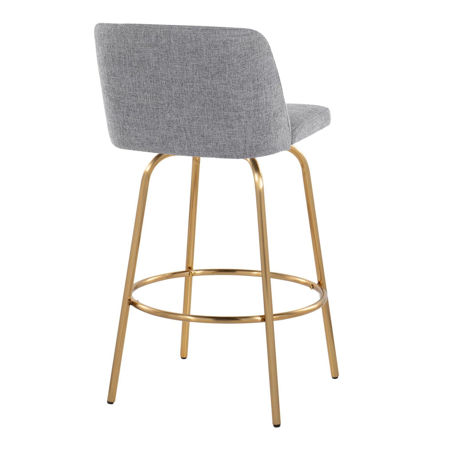 The Toriano Counter Stool set features a contemporary design with light gray upholstered backrest and seat, a gold metal frame, four legs, and a round footrest. Shown from the rear on a white background. Fixed height with swivel functionality.