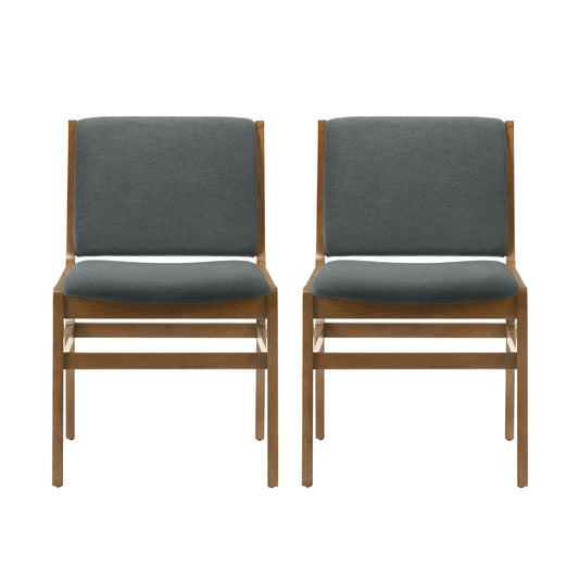 Two Contemporary Dining Chairs with upholstered fabric seats and backs, featuring rubberwood frames, placed side by side against a white background.
