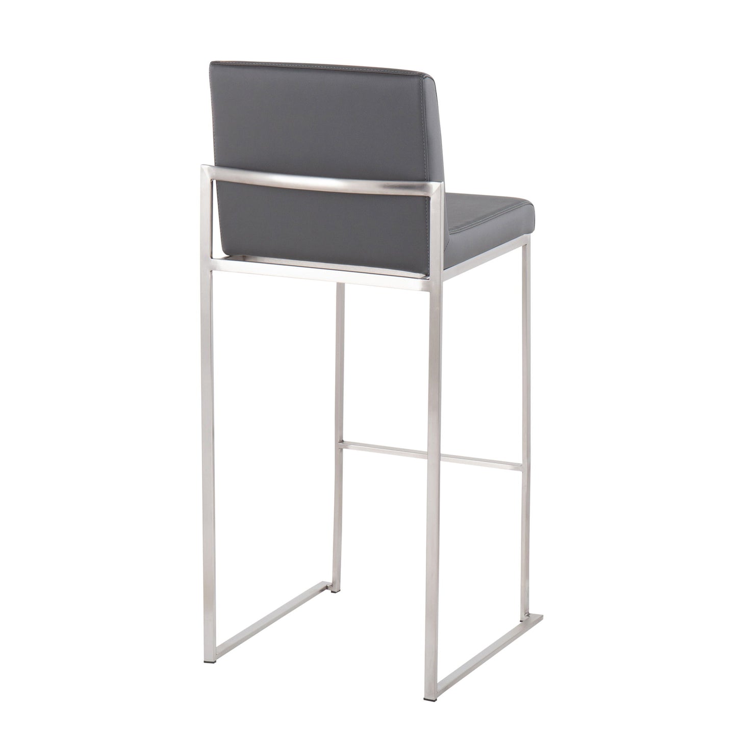 The Fuji - Contemporary And Modern Elegance High Back Barstool features a gray cushioned seat and backrest with a sleek silver metal frame and footrest, displayed from the back at a slight angle.