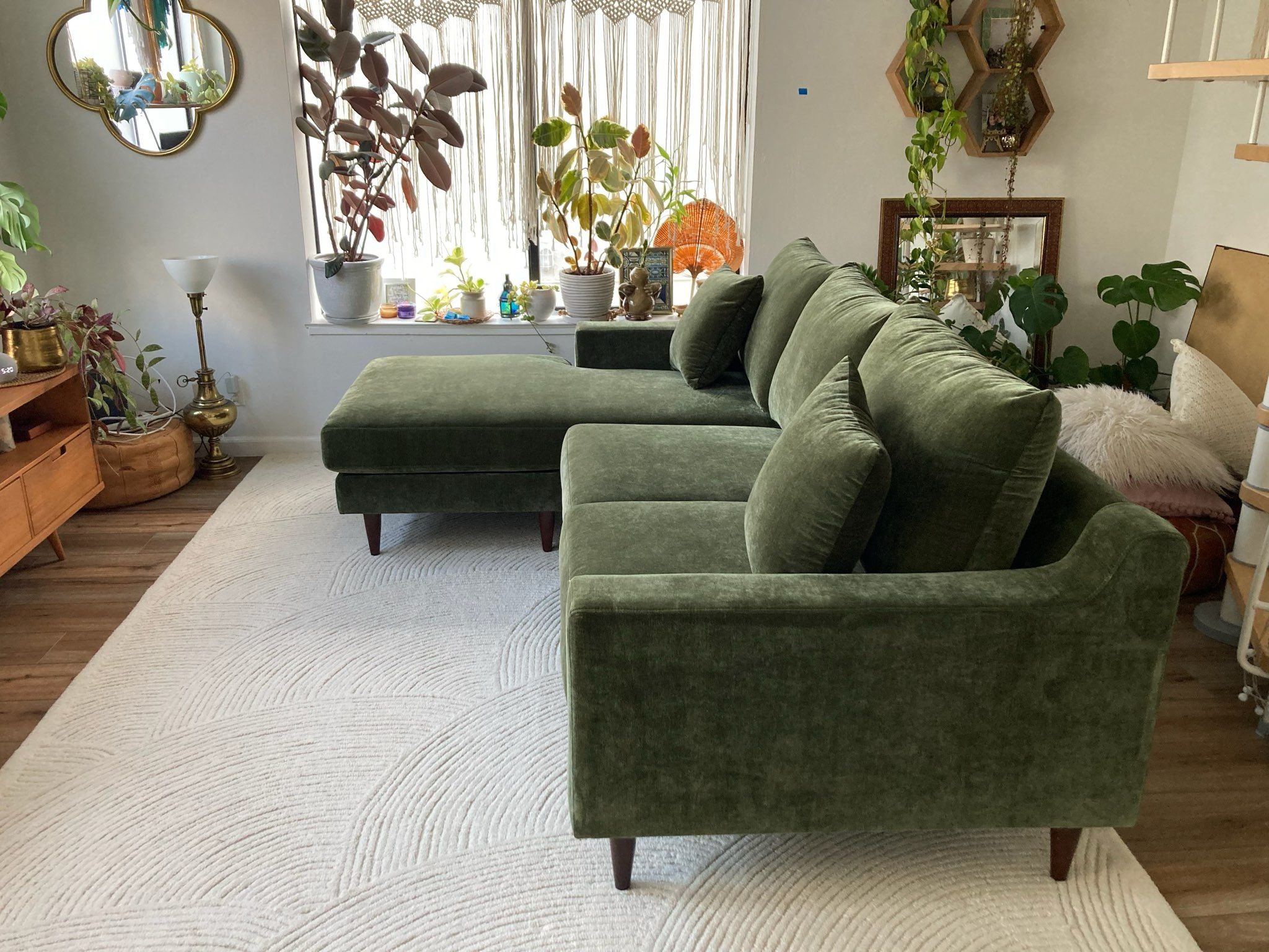 A sage green sofa, viewed from the side, on top of a textured white rug. Plants can be seen in the background.