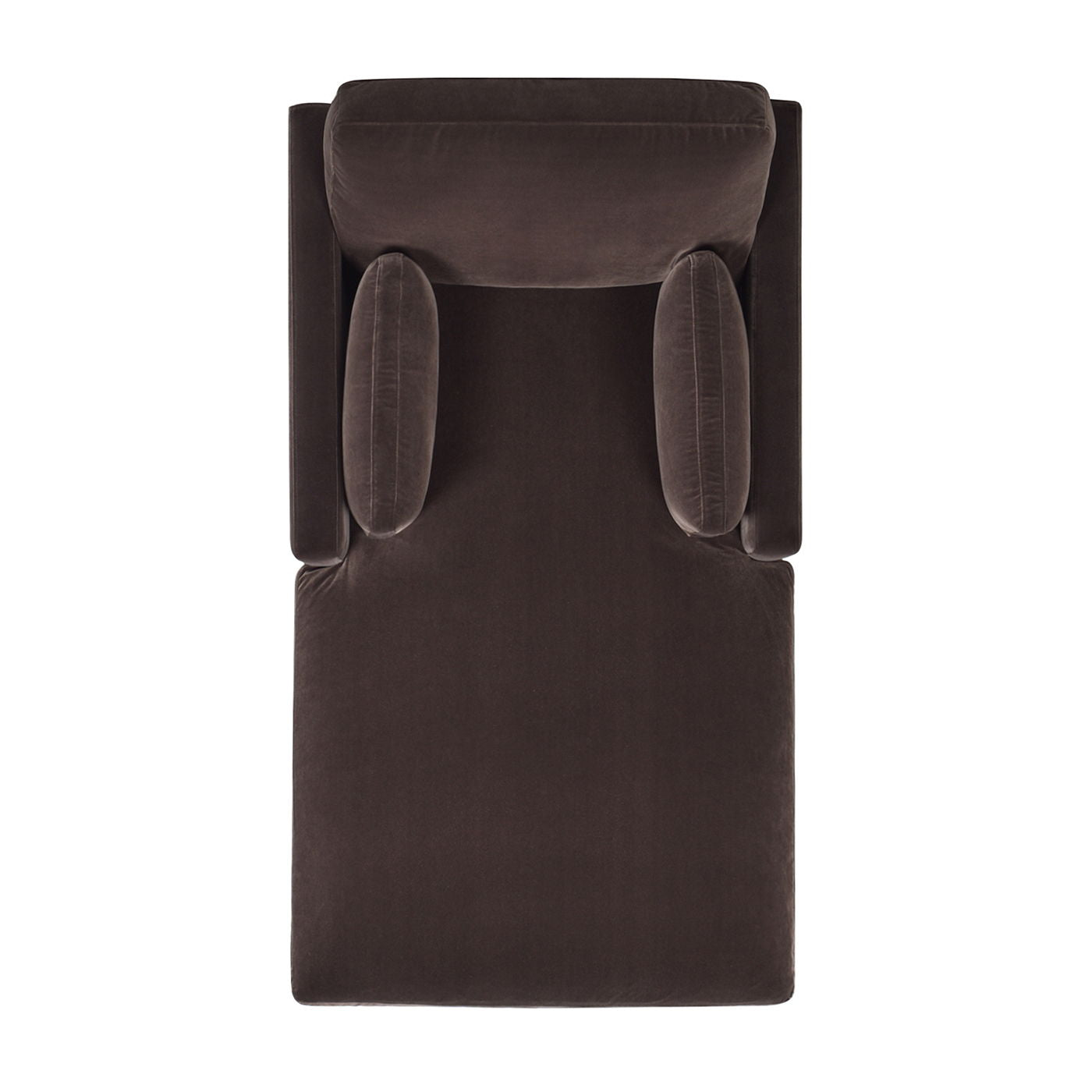 Top-down view of the Knox - Modern Farmhouse Chaise Lounge Chair in dark brown upholstery, featuring a rectangular backrest, two cylindrical side cushions, and a wide plush seat against a white background.