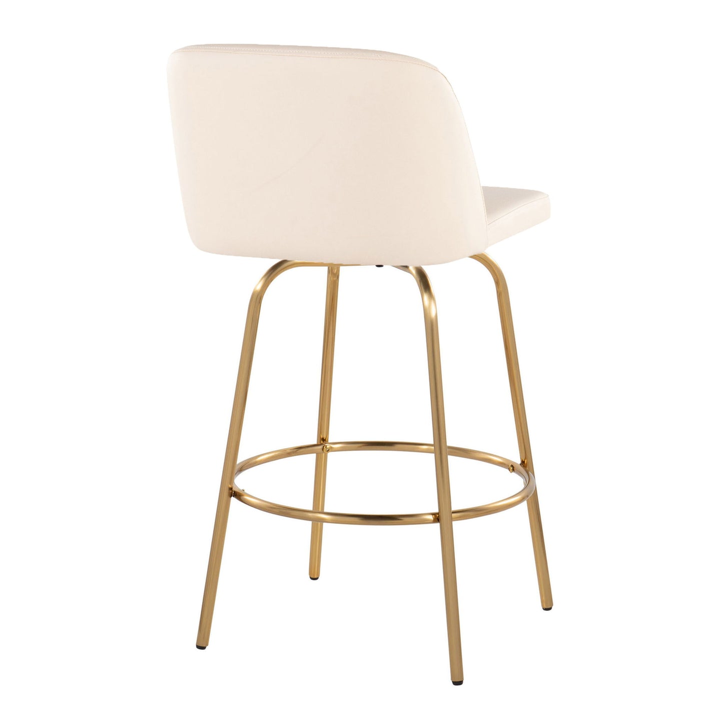 The Toriano counter stool set features a contemporary design with a white cushioned backrest and seat, slim gold metal legs, and a round footrest. Shown from the back. Set of 2 with swivel and fixed height.