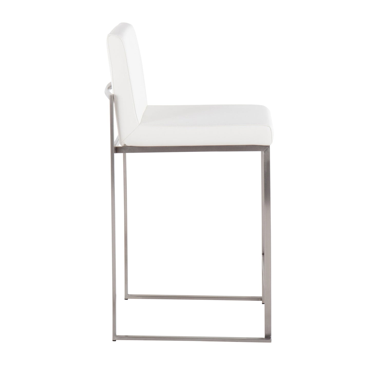 Side view of the Fuji - Contemporary High Back Counter Stool, showcasing a white cushioned seat and backrest with a minimalist metal frame and sleek rectangular base for a modern, functional look.