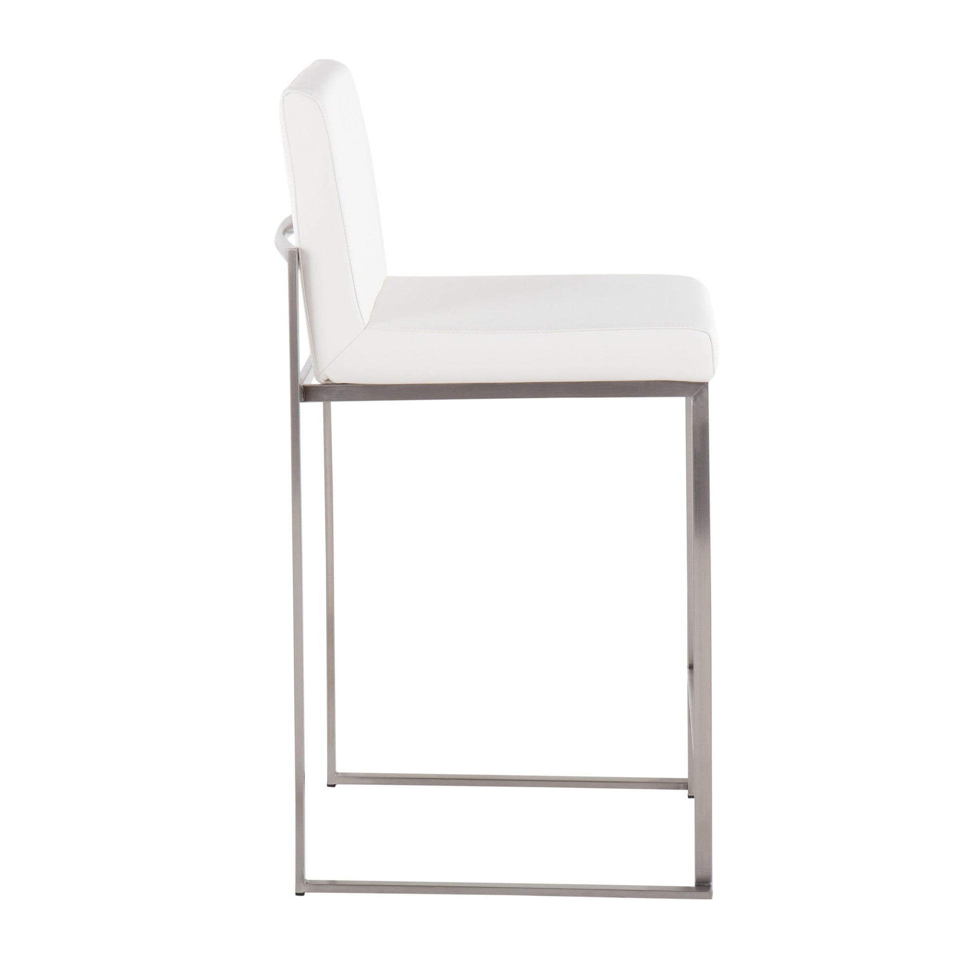 Side view of the Fuji - Contemporary High Back Counter Stool, showcasing a white cushioned seat and backrest with a minimalist metal frame and sleek rectangular base for a modern, functional look.