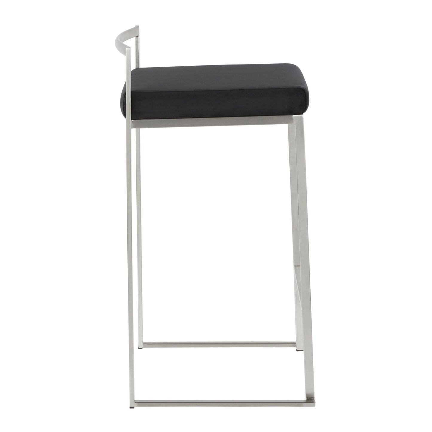 Side view of the Fuji - Contemporary Elegant Stackable Counter Stool featuring a thin metal frame, square footrest, black cushioned seat, and partial backrest in a minimalist design.