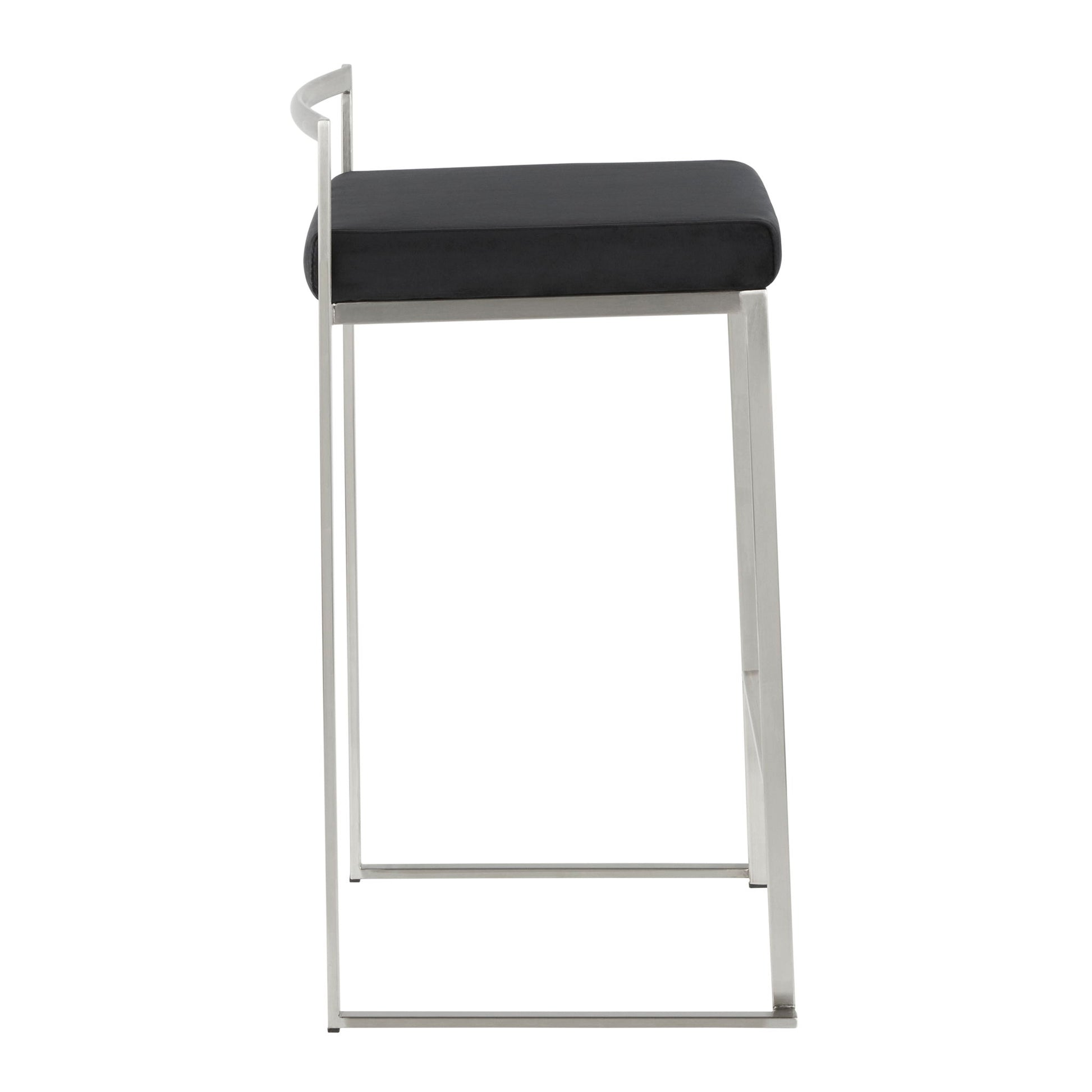 Side view of the Fuji - Contemporary Elegant Stackable Counter Stool featuring a thin metal frame, square footrest, black cushioned seat, and partial backrest in a minimalist design.