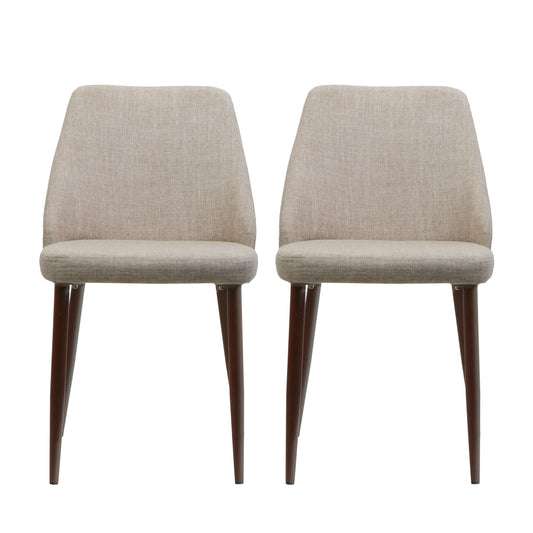 Two identical Modern Dining Chairs with light beige fabric seats and backs and stylish iron legs with a wood finish, shown side by side against a white background.