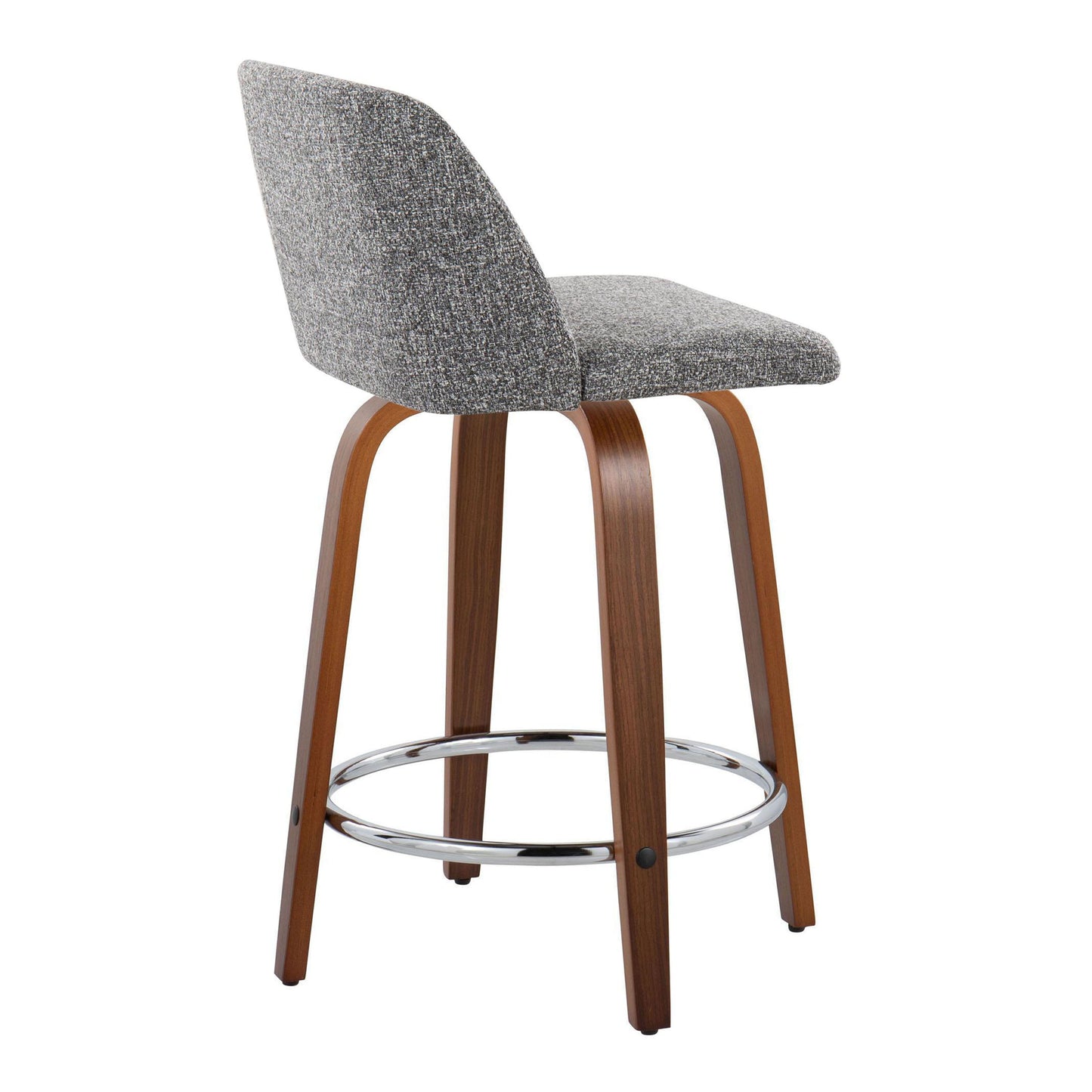 The Toriano set includes two mid-century modern counter stools featuring grey upholstered seats and backrests, curved wood legs, and a chrome round footrest for a sleek design.