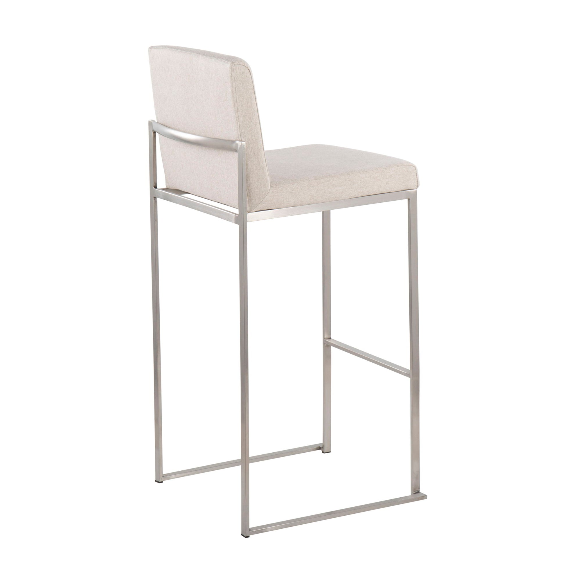The Fuji - Contemporary And Modern Elegance High Back Barstool features a light beige cushioned seat and backrest on a sleek silver metal frame with a footrest, shown at an angled rear view.