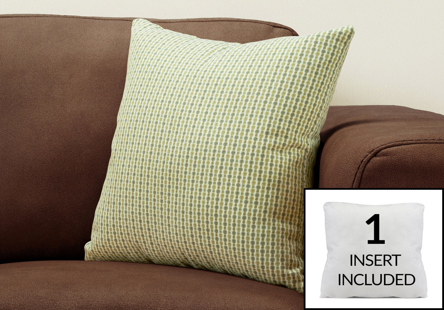 A green patterned decorative square throw pillow sits on a brown sofa. An inset displays the included hypoallergenic pillow insert, labeled "1 INSERT INCLUDED.
