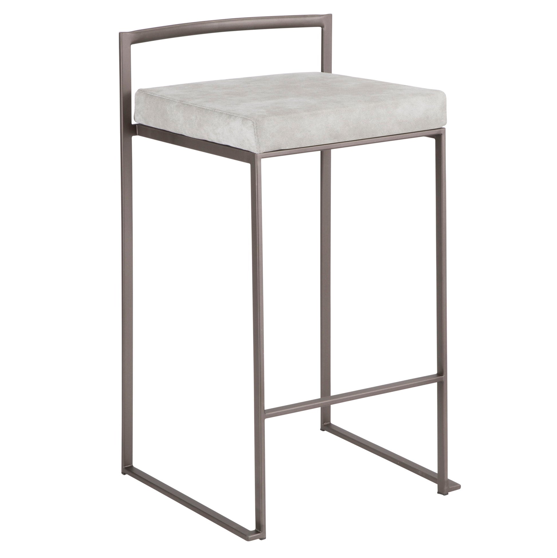 The Fuji - Industrial Stackable Counter Stool features an elegant, minimalist metal frame, light gray cushioned seat, and a slim top bar as a backrest. Its open design with straight legs makes it both modern and space-saving.