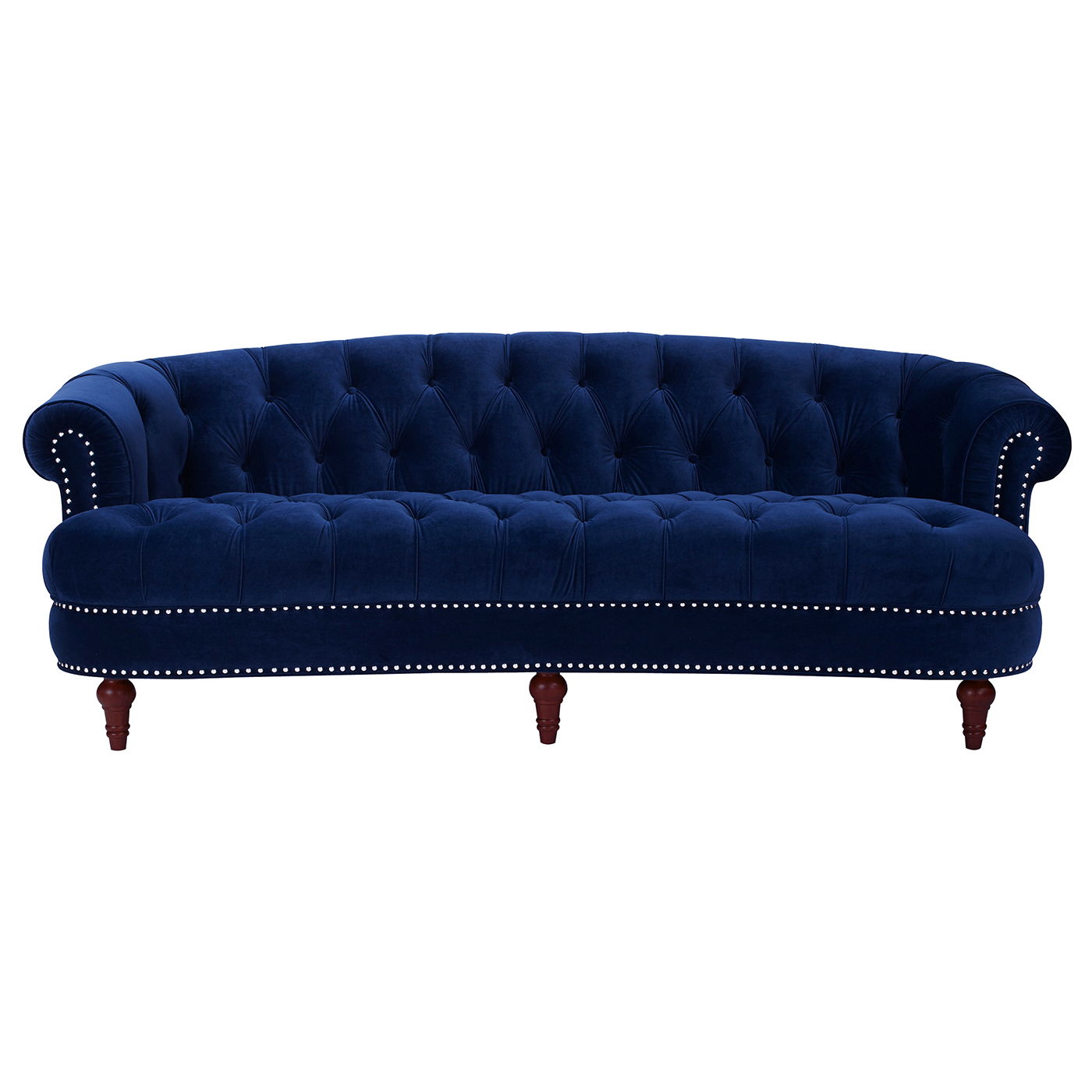 The La Rosa Victorian Chesterfield Tufted Sofa features navy blue velvet upholstery, rolled arms, nailhead trim, and wooden legs, shown from the front against a white background.