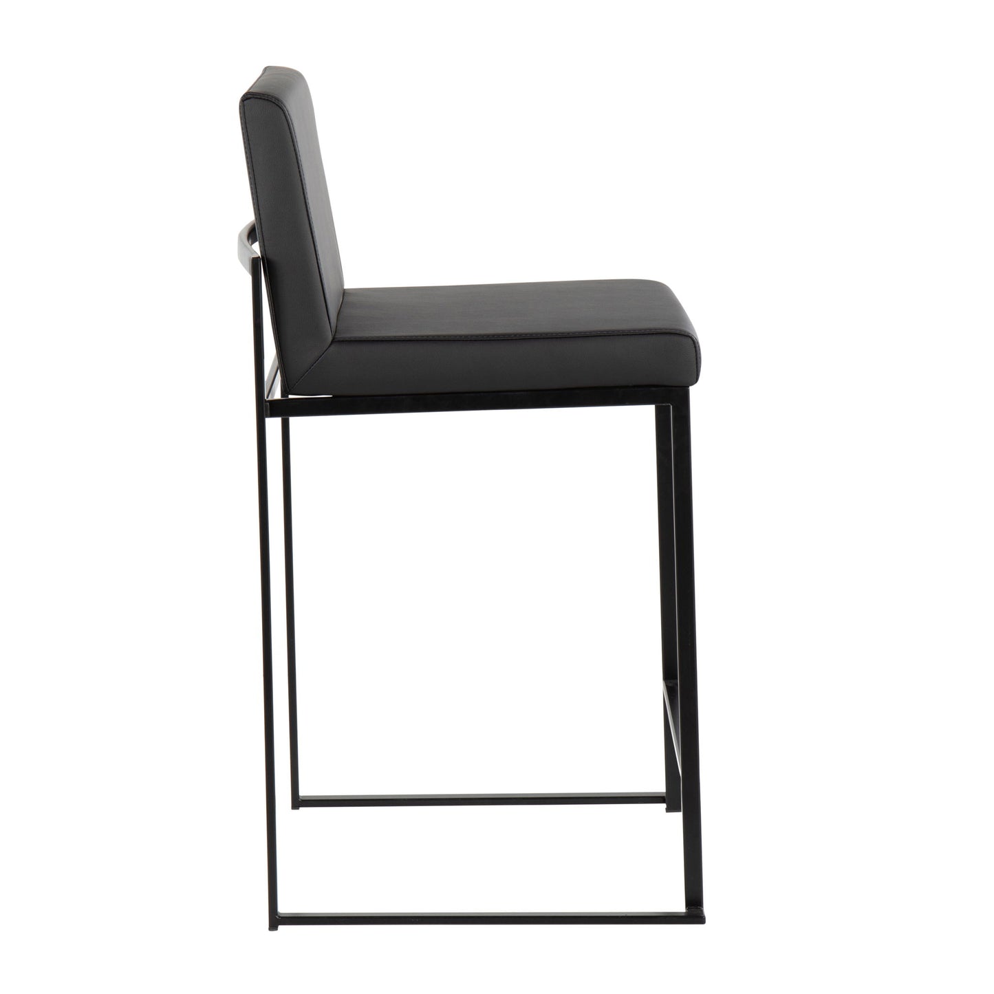 Side view of the Fuji - Contemporary Modern Elegance High Back Counter Stool in black, featuring a thin metal frame, padded seat and backrest, minimalist design, rectangular footrest, and sleek straight lines.