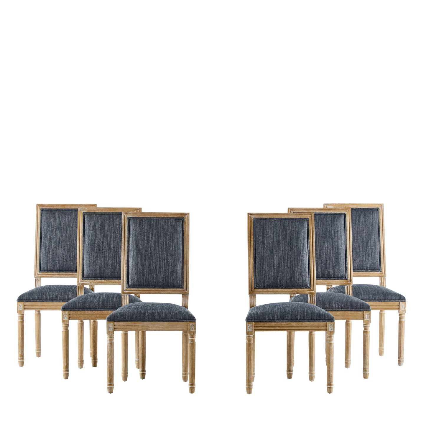 Six French Country Style Dining Chairs with upholstered seating and fluted legs, featuring square dark blue seats and backs, are grouped in twos of three and arranged against a white background.