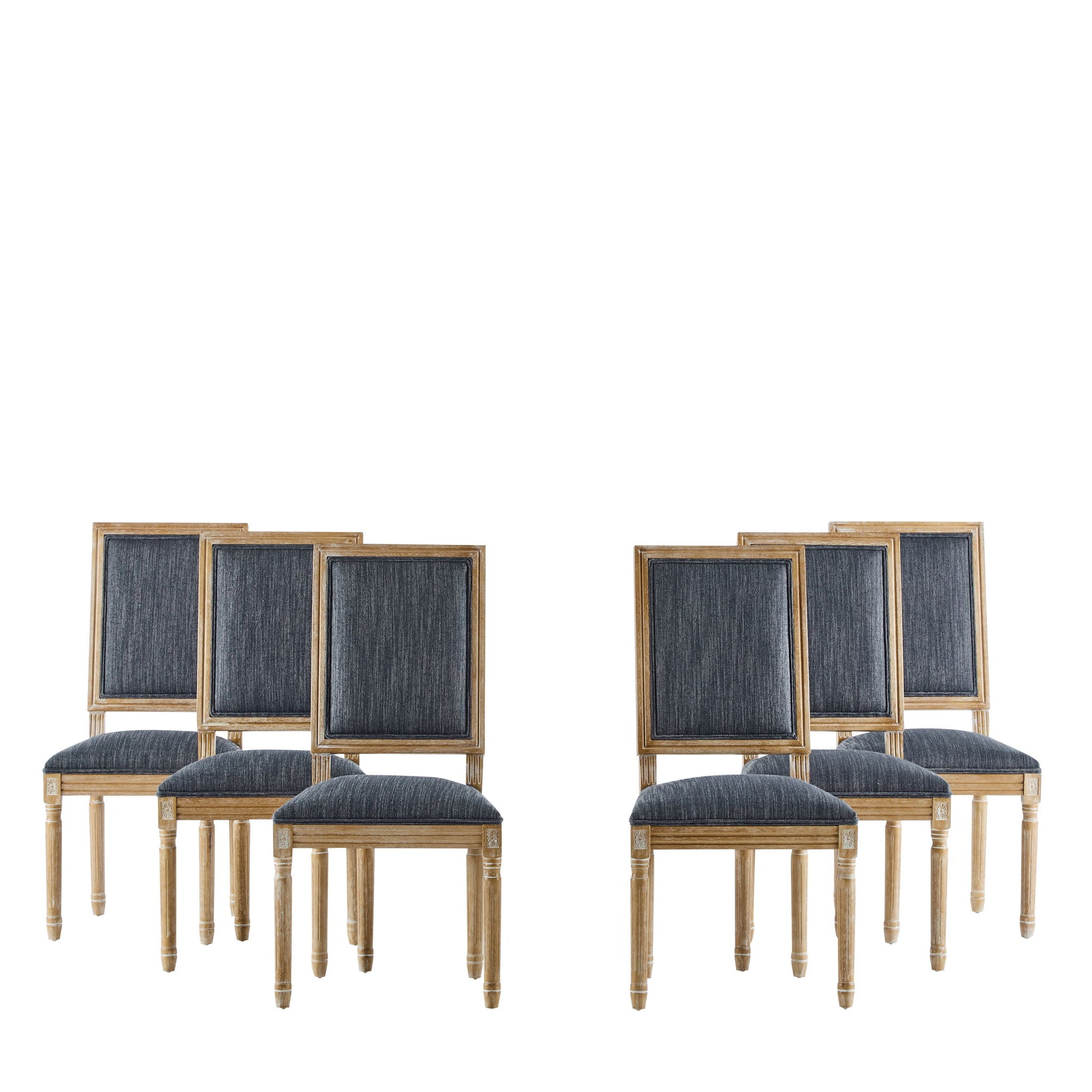 Six French Country Style Dining Chairs with upholstered seating and fluted legs, featuring square dark blue seats and backs, are grouped in twos of three and arranged against a white background.