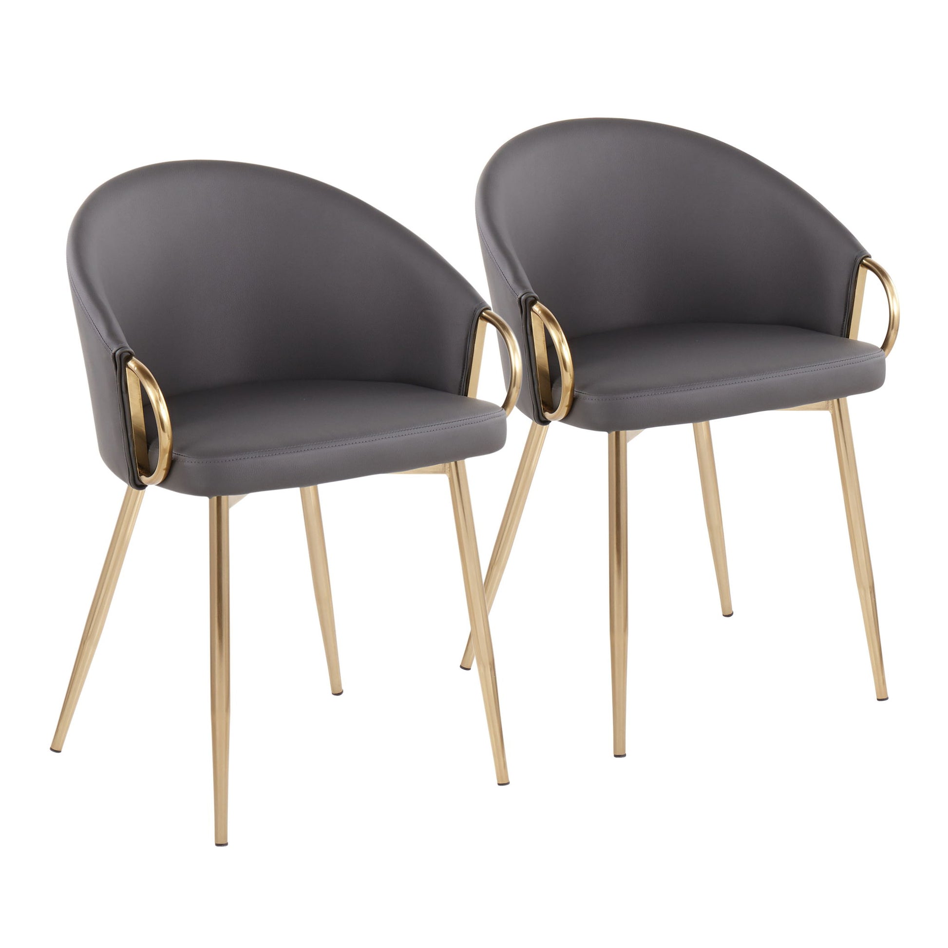 Two Claire – Contemporary Glam Chairs with curved gray seats, gold metal legs, and matching gold armrest accents are placed side by side against a white background.