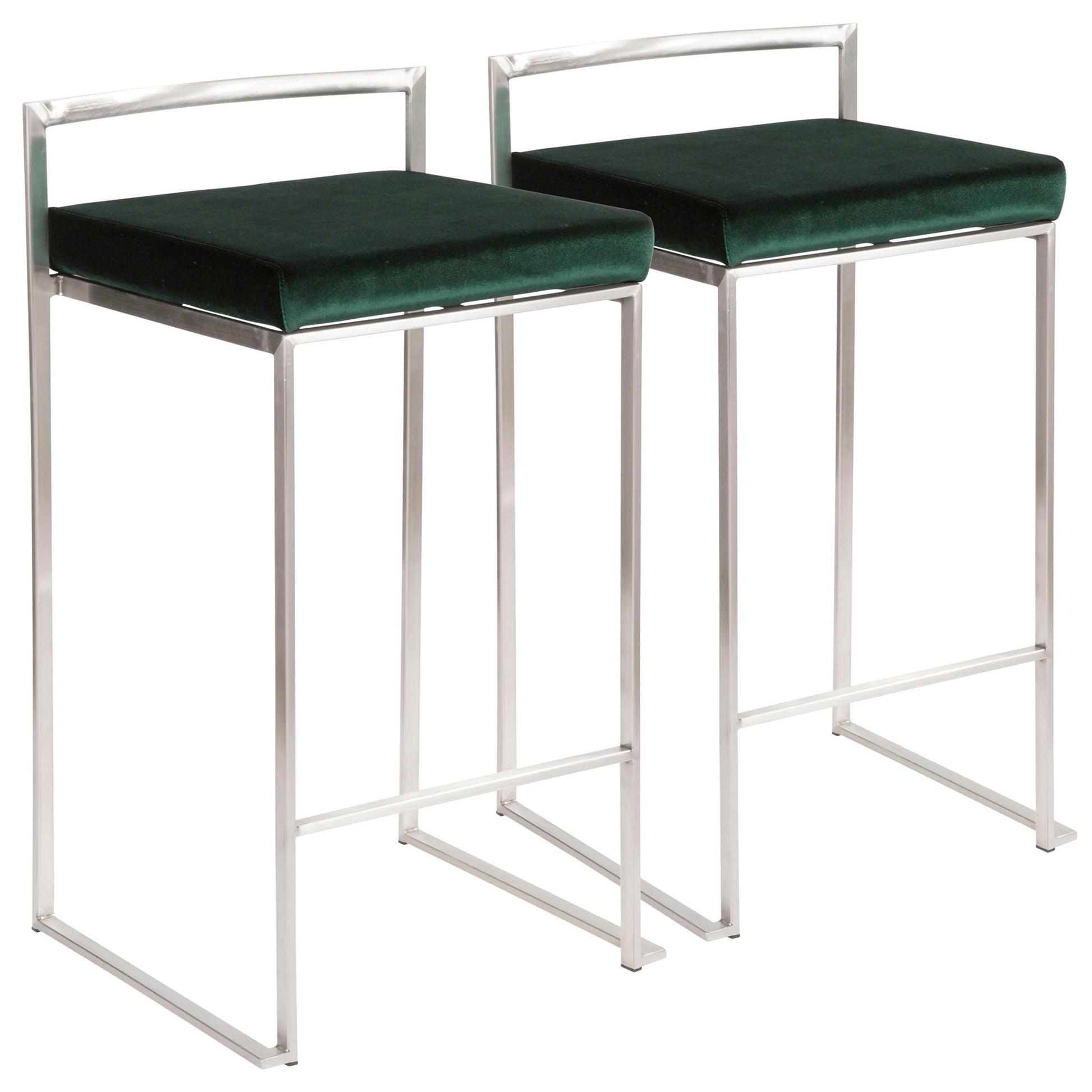 Set of two Fuji Contemporary Elegant Stackable Counter Stools with metallic silver frames, dark green cushioned seats, minimalist backrests, and open sides.